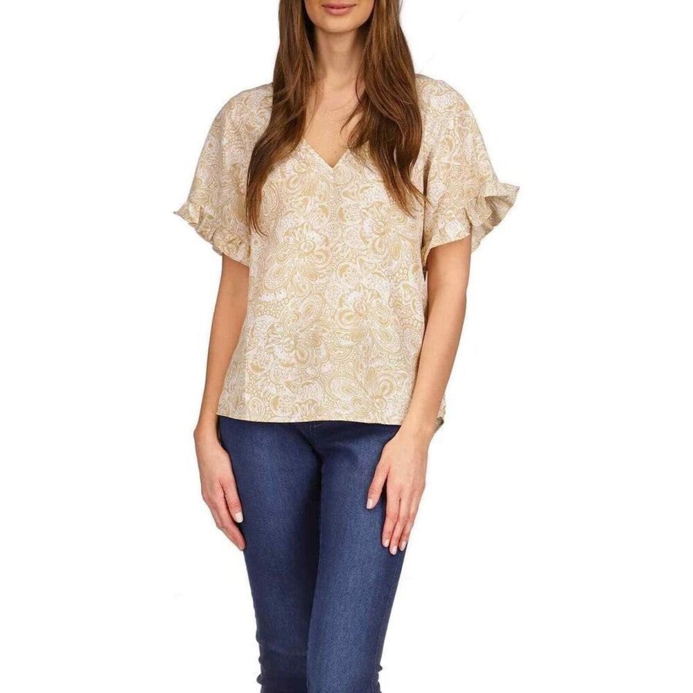MICHAEL KORS PAISLEY-PRINT RUFFLED-SLEEVE TOP in Khaki, XS $98 MSRP